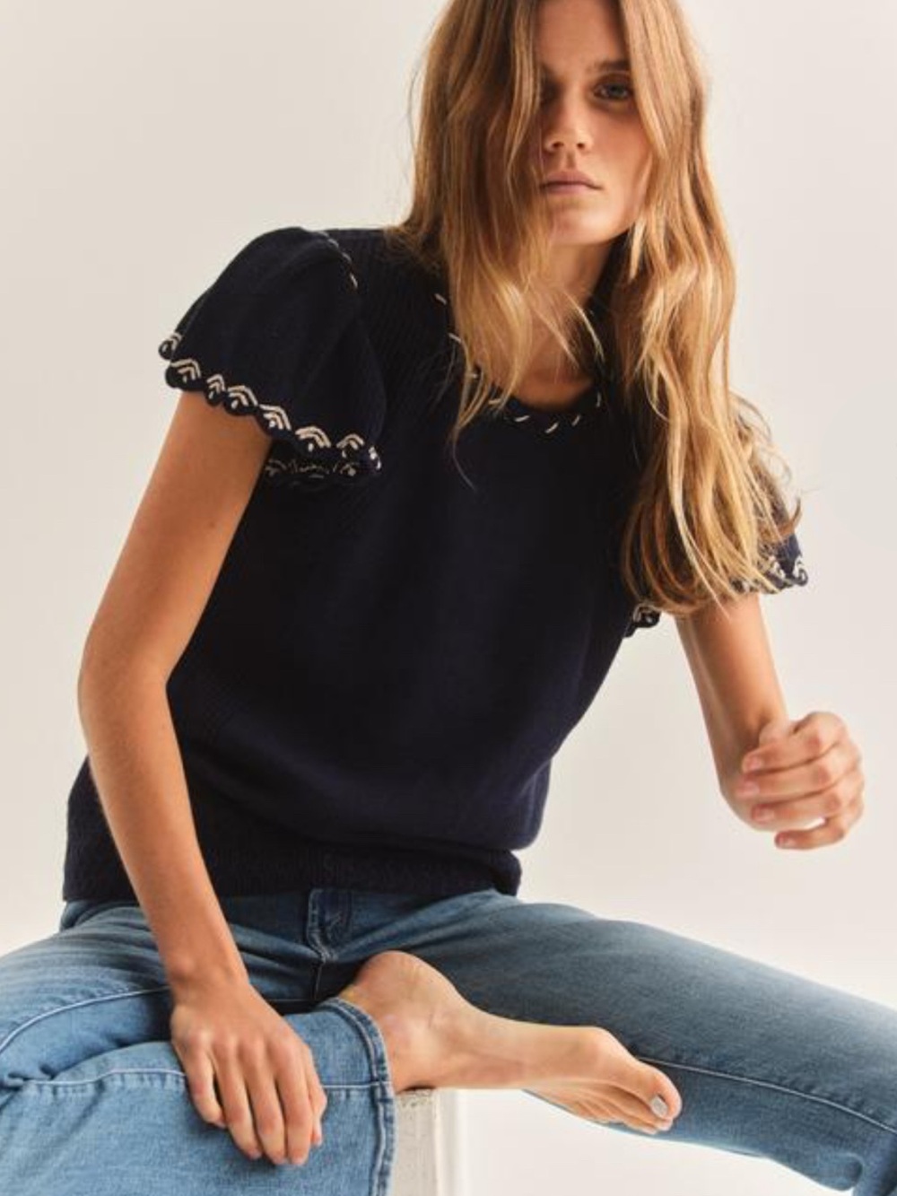 Cartolina Women’s Navy Puff-Sleeve Knit Tee with Trim